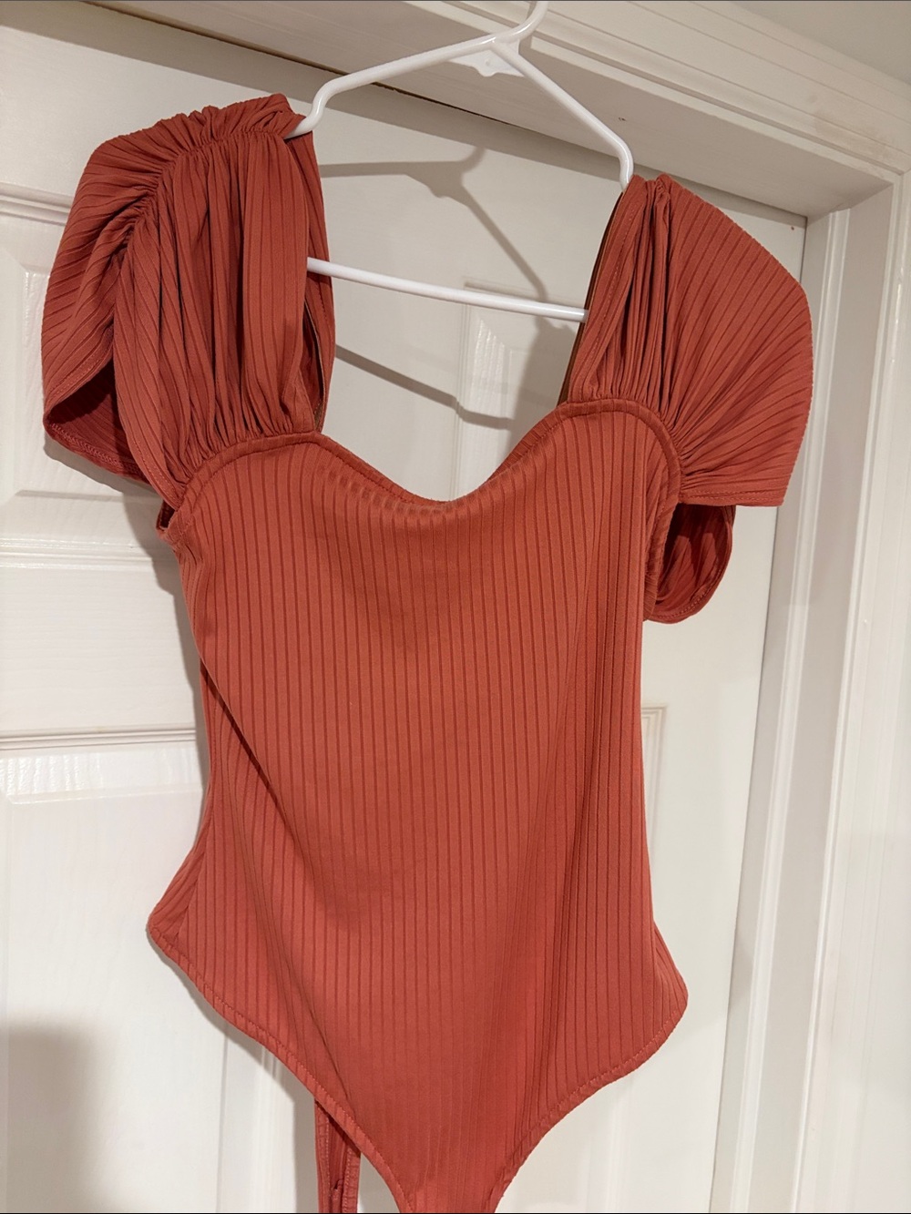 Free People Rust Ribbed Puff-Sleeve Bodysuit